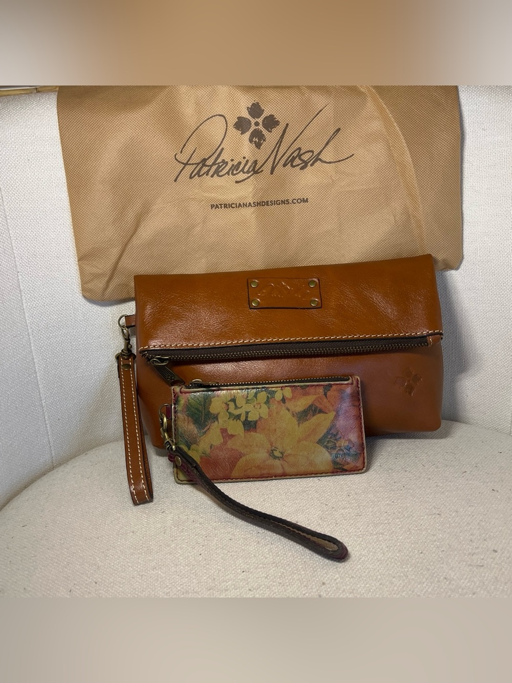 Patricia Nash Cognac Leather Fold-Over Wristlet with added Floral Card Case